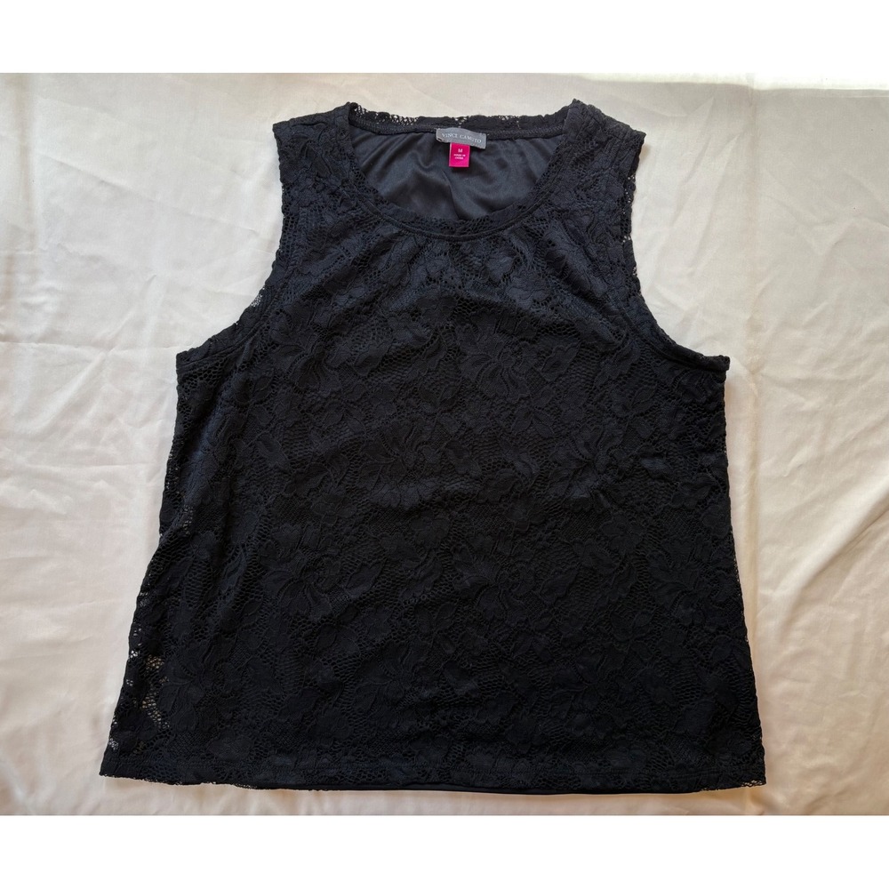 Vince Camuto Black Floral Lace Sleeveless Shell Top Crew Neck Medium RN 51323